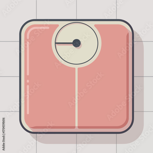 A pink weight scale prominently featured, symbolizing the importance of health and fitness in a stylish way against a sleek tiled background.
