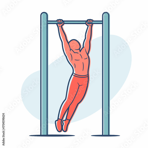 A fit individual performing a dynamic exercise on a horizontal bar, showcasing strength and athleticism in a minimalist, stylized design with a light background.
