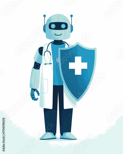 An advanced-looking robot in a doctor's attire, confidently holding a medical shield, representing the blend of technology and healthcare for future medical assistance and innovation.