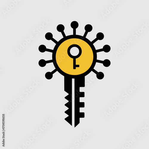 This image features a stylized key embedded within a circular virus-like design, emphasizing security in a modern digital context related to cybersecurity.