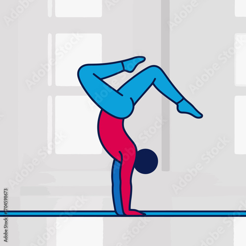 This vibrant illustration portrays a human figure striking a handstand position, showcasing strength, balance, and artistry in a simplistic and colorful design.