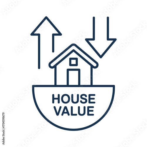 This image illustrates the concept of fluctuating house values, featuring an icon of a house with arrows indicating growth and decline in real estate market values.