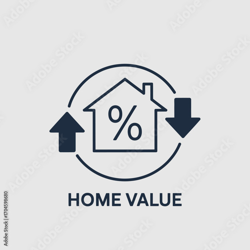 This image creatively depicts home value changes with upward and downward arrows around a house icon, symbolizing market fluctuations and economic dynamics in real estate.