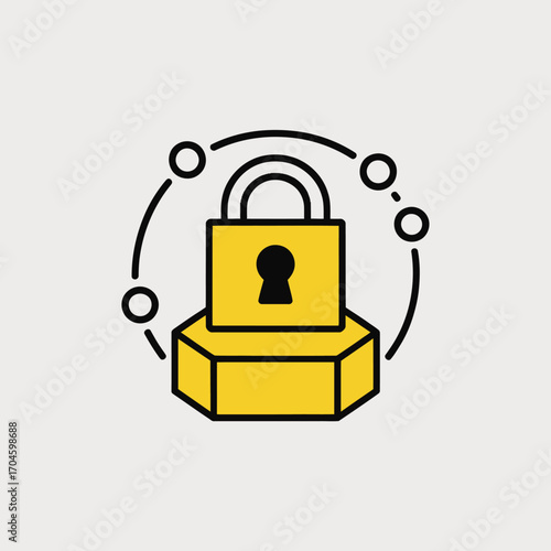 This artwork features a secure yellow lock placed atop an abstract geometric base, signifying stability, protection, and strength within a modern artistic context.