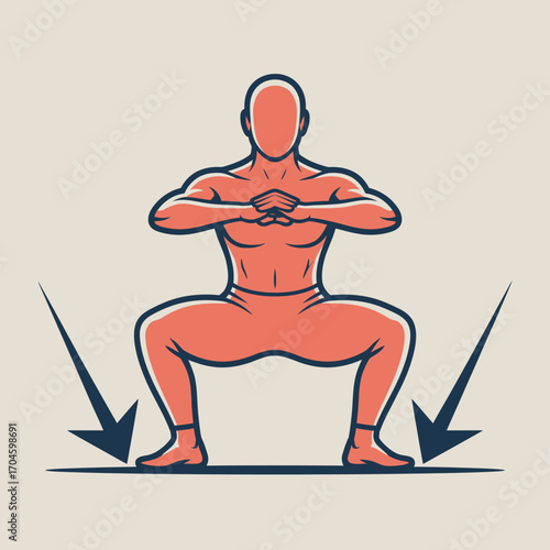 An engaging illustration of a squat position, emphasizing core strength and muscular development, represented in a bold style that highlights human form and posture.