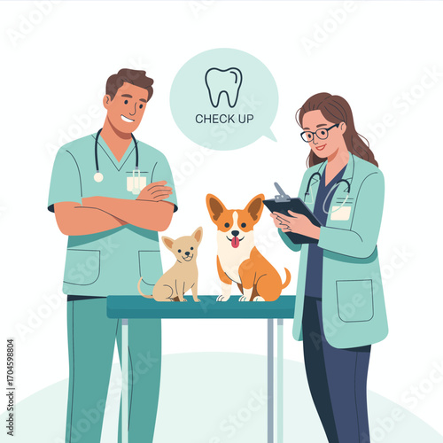 A veterinary duo smiles as they care for two happy dogs during a checkup, showcasing the importance of loving and attentive animal care in a clinic setting.