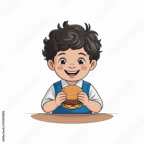 A cheerful child with curly hair beams as they hold a delicious burger, embodying the joy and excitement of enjoying a favorite food, making faces of delight.
