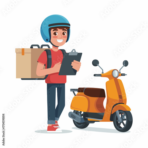 A young delivery man wearing a blue helmet stands proudly with a clipboard and a backpack, ready to make swift deliveries on his yellow scooter.