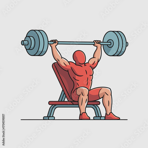 A muscular man confidently performs an overhead lift with a large barbell, showcasing strength training and dedication in a well-equipped gym environment.