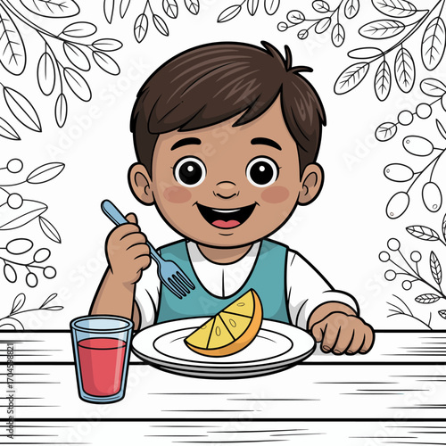 A joyful child holds a slice of orange while eagerly eating, symbolizing healthy eating habits and happiness in a whimsical, colorful depiction.