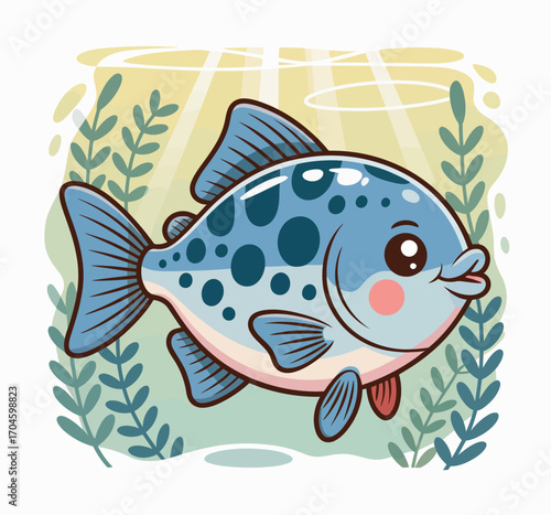 A cheerful blue fish with adorable spots swims gracefully among aquatic plants, capturing a playful and vibrant underwater world that's perfect for children's art.