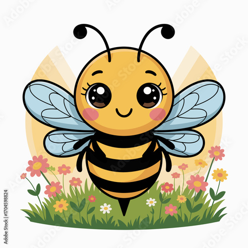 This charming cartoon bee character brings joy and nature to life, set against a backdrop of vibrant flowers and soft rays of sunlight, perfect for cheerful themes.