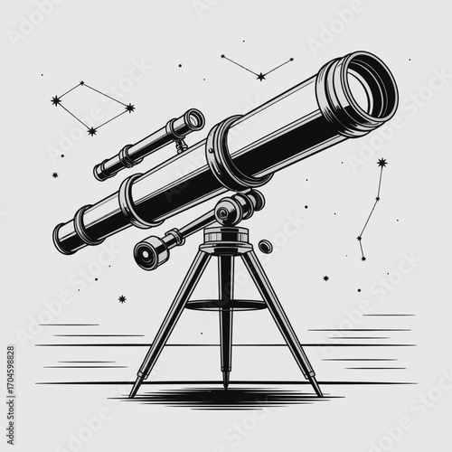 Featuring an artistic telescope framed by a starry sky, this image symbolizes humanity's yearning for exploration and understanding of the vast cosmos.