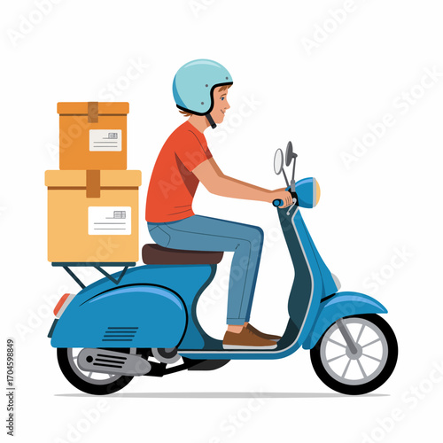 This image features a side view of a delivery rider on a blue scooter, confidently transporting two packages, reflecting urban efficiency and the spirit of service.