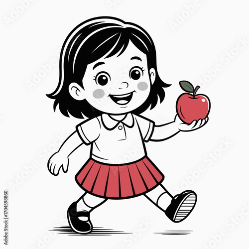 A happy girl walks cheerfully while holding a red apple, representing joy and enthusiasm for healthy eating in a playful and charming illustration style.