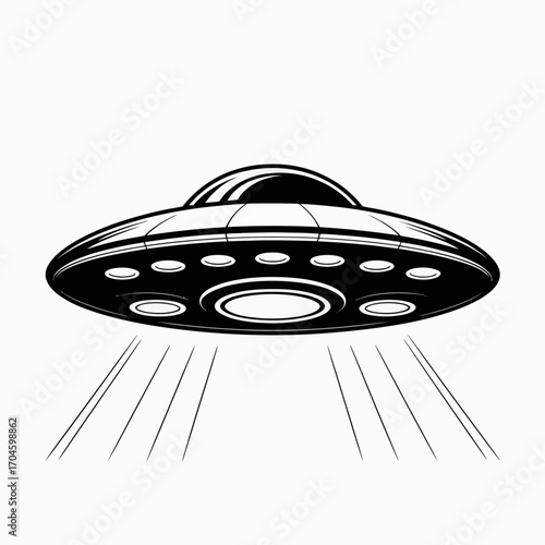 This striking black and white illustration depicts a classic UFO hovering with beams of light shining down, capturing the essence of extraterrestrial intrigue and mystery.