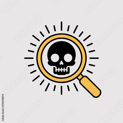 A graphic featuring a magnifying glass encircling a skull, symbolizing mystery and investigation, perfect for themes related to crime or detective work in visual media.