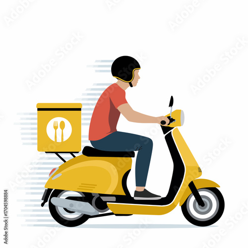An enthusiastic delivery rider zips through the streets on a bright yellow scooter, signifying the fast-paced world of modern food delivery with an engaging and lively demeanor.