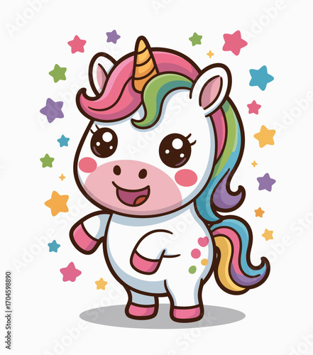 This adorable cartoon unicorn features a colorful mane and vibrant stars, radiating joy and whimsy, perfect for children's products and playful art designs.