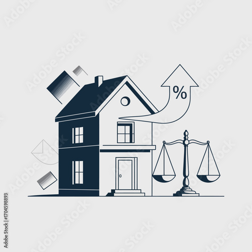 An illustration depicting a house alongside scales and growth symbols, representing the relationship between home finance and legal aspects of real estate investments.