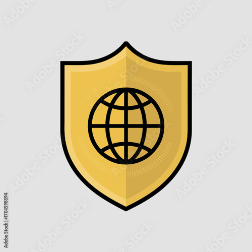 A gold shield featuring a globe symbolically portrays security and protection in the digital age, representing trust and safety for users and online environments.