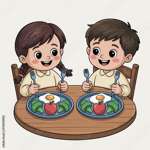 This vibrant illustration features two happy kids at breakfast, eagerly holding forks ready to enjoy their colorful plates filled with eggs, vegetables, and fruits, celebrating healthy meals.