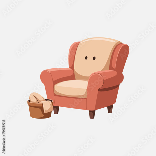 The image depicts a comfortable armchair set alongside a basket and a blanket, inviting viewers into a cozy environment, ideal for reading or enjoying quiet moments.