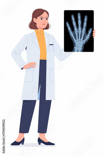 A professional female doctor in a lab coat confidently displays an X-ray image of a human hand, emphasizing her expertise in medical diagnostics and patient care.