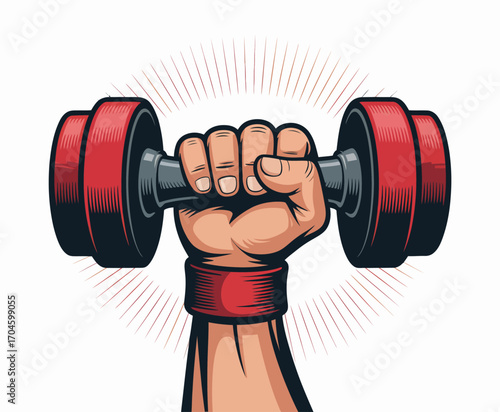 A strong hand lifts a vibrant red dumbbell, showcasing the dedication and passion for fitness and the empowering journey of strength training.