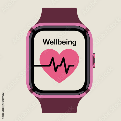 This image showcases a smartwatch displaying a heartbeat graph with a heart icon, emphasizing wellbeing, health tracking, and modern technology in fitness lifestyles.