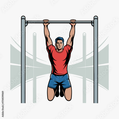 The image showcases a man hanging in a focused position on a pull-up bar, encapsulating the essence of fitness, determination, and the pursuit of strength training.
