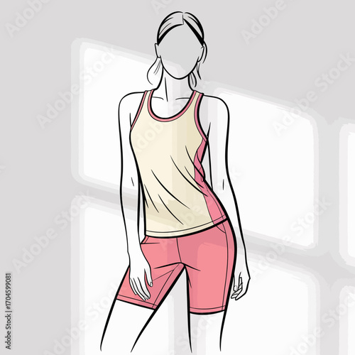 A minimalist illustration of a female mannequin in a tank top and shorts, capturing the essence of athleticism and a vibrant active lifestyle with pink tones.