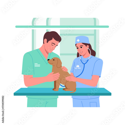 A caring veterinarian and nurse are examining a playful brown puppy at a veterinary clinic, showcasing the compassion and dedication of pet care professionals in action.