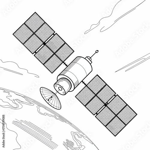 A linear drawing of a satellite above Earth, capturing the essence of technological advancement in space exploration while symbolizing human curiosity and innovation.