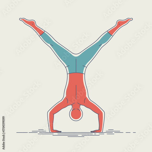This minimalistic artwork captures a stylized human figure executing a handstand, emphasizing elegance, focus, and artistic creativity in the representation of movement.