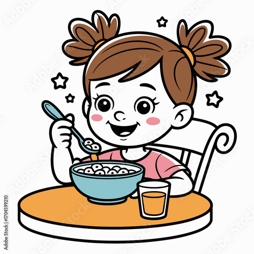 The thrilled girl enjoys her cereal at the table, encapsulated by sparkling stars, showing a moment of pure joy and excitement during breakfast time.