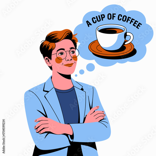 A young man in a stylish blazer smiles joyfully while thinking of a cup of coffee, reflecting on the comfort and satisfaction coffee brings to daily life and moments of inspiration.