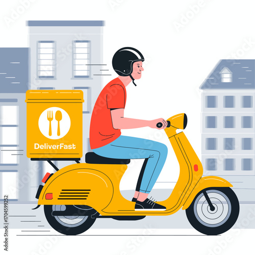 A joyful delivery rider on a yellow scooter moves quickly through an urban setting, illustrating the fast-paced dynamics of food delivery with engaging visuals and vibrant colors.