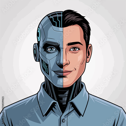In this captivating image, a harmonious blend of human features with robotic elements captures the essence of futurism and the exploration of our evolving identities.