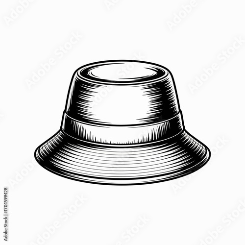 An artistic representation of a bucket hat, showcasing bold black and white contrasts that enhance its unique shape and style for contemporary fashion lovers.