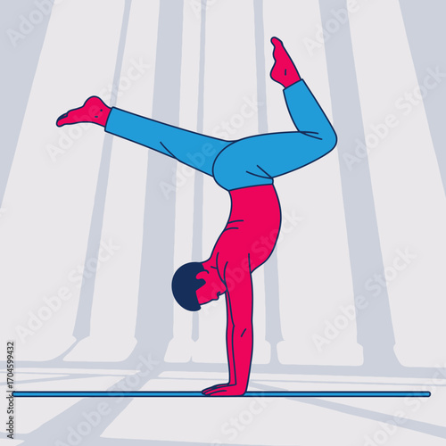 A vibrant illustration of a person in a handstand position, showcasing flexibility and strength, with a minimalist background emphasizing dynamic movement and balance.