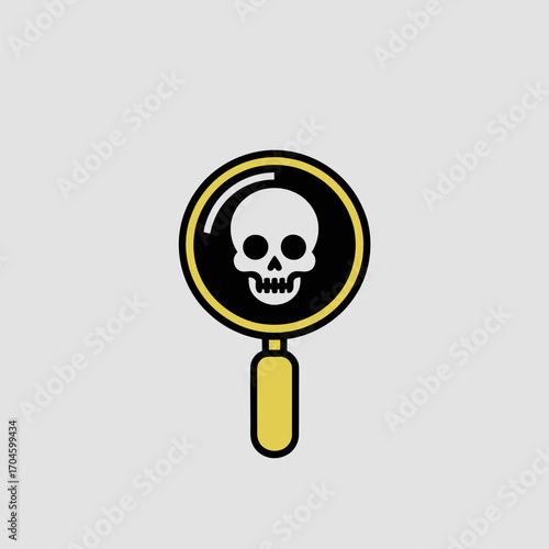 An intriguing design of a magnifying glass that reveals a skull inside, evoking themes of death and inquiry, suitable for horror or detective narratives in art.