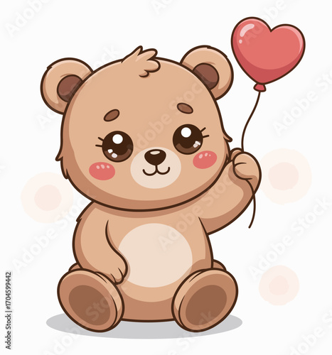 A charming illustration of a cute bear holding a red heart-shaped balloon, perfect for conveying love and joy in a whimsical style that appeals to all ages.