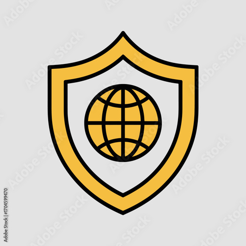 A vibrant yellow shield featuring a globe evokes themes of global security, protection, and trust, making it an essential icon for digital safety and assurance in contemporary design.