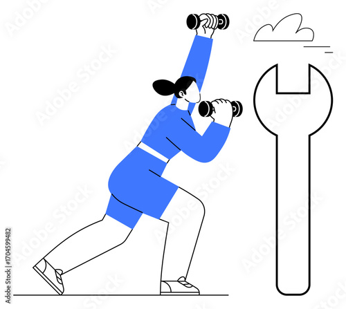 Woman exercising with dumbbells, emphasizing strength and progress. Large wrench symbolizes tools and solutions. Ideal for fitness, self-improvement, tools, growth, strategy, wellness simple landing