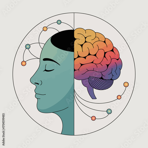 This image depicts a serene woman with a colorful brain beside her, illustrating tranquility and the connection between emotions and intellectual thought through artistic flair.