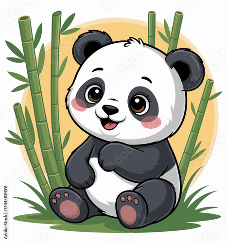 This adorable illustration features a cute panda sitting playfully among vibrant bamboo plants, showcasing a charming and cheerful atmosphere for nature lovers and animal enthusiasts.