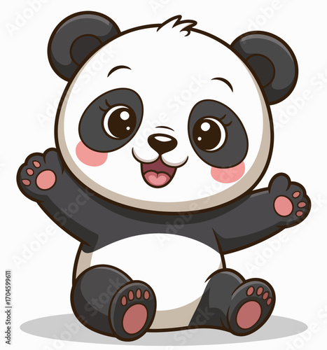 This cheerful panda waves enthusiastically, showcasing a vibrant personality in a cute artistic style, surrounded by lush bamboo that enhances its heartwarming appeal.