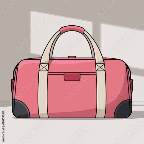 An animated illustration of a coral duffle bag reflects style and function, illustrating the perfect accessory for those who prioritize both aesthetics and practicality.