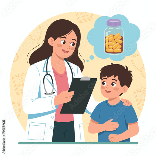 A friendly female doctor speaks to a young boy about his medication, highlighted by the thought bubble containing a jar of yellow pills, indicating the health topic discussed.